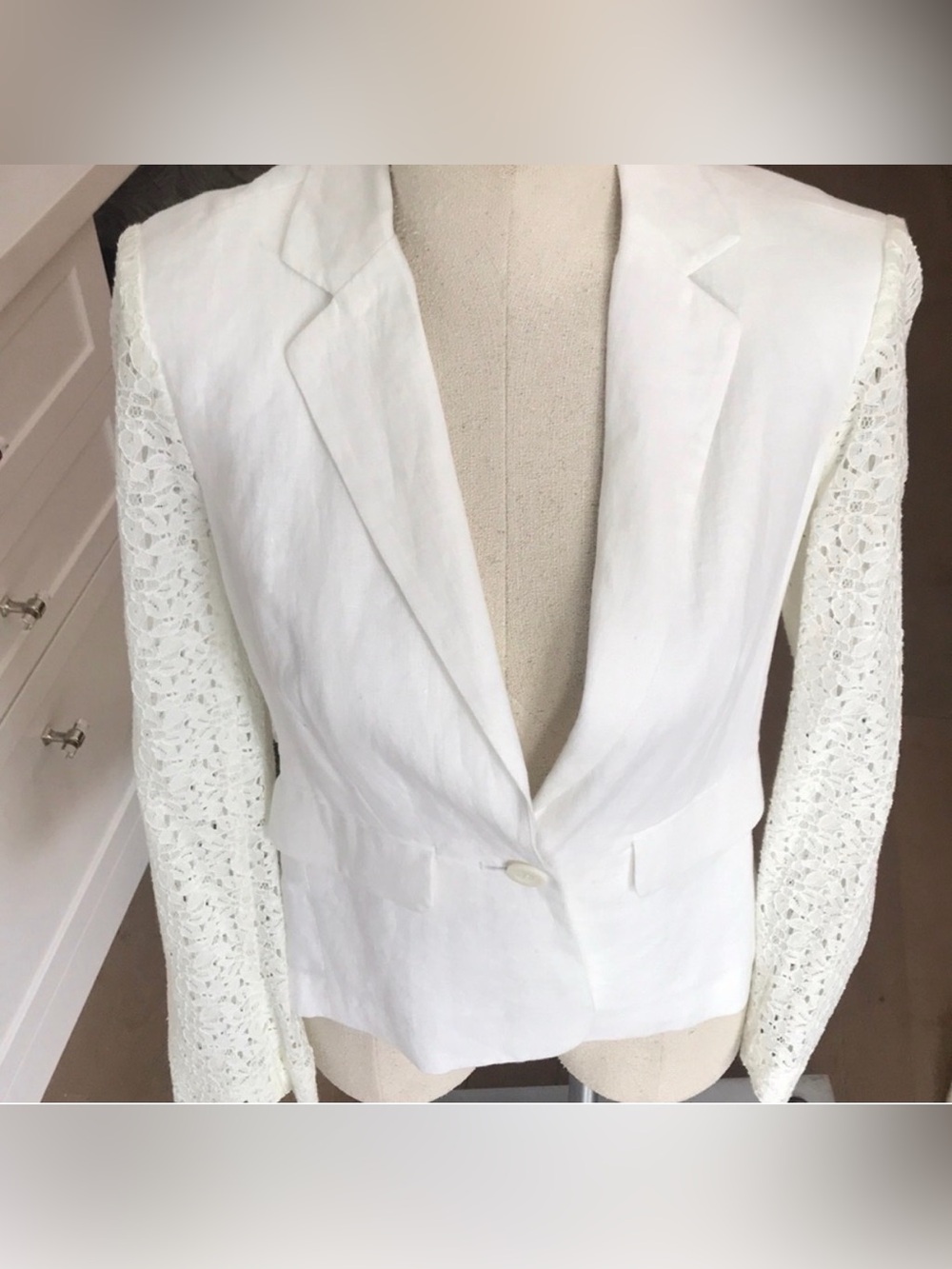 BCBG White Blazer with Lace Crochet Sleeves